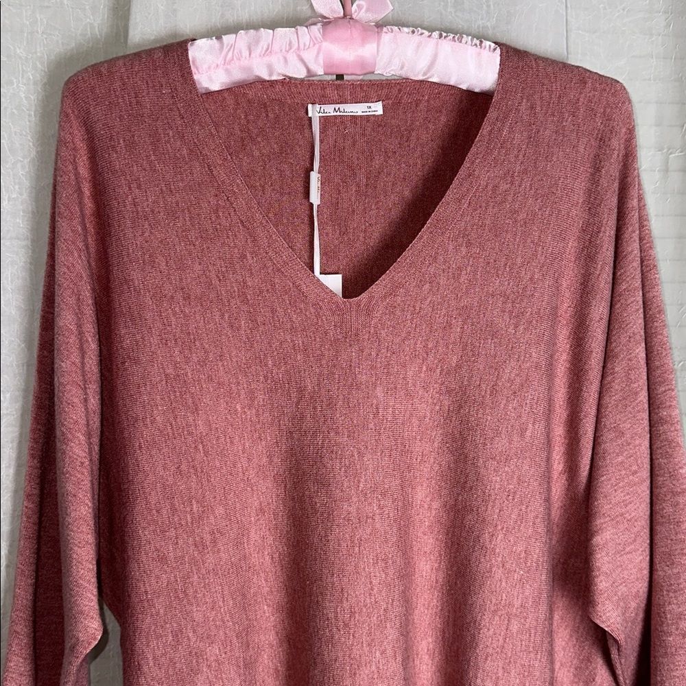 Vila Milano 1X Heather Pink Rose Bouquet V-Neck Dolman Sleeve Fine Knit Sweater - Picture 3 of 11